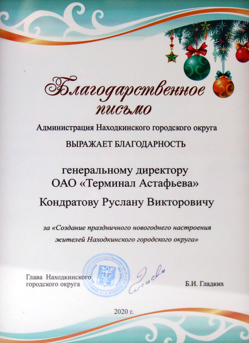 Глава Находки поблагодарил «Терминал Астафьева» за новогоднее украшение города Глава Находки поблагодарил «Терминал Астафьева» за новогоднее украшение города